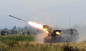 Georgian troops fire rockets at a South Ossetian separatist territory near the city of Tskhinvali
