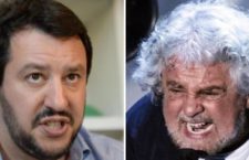 Nella combo da sinistra Matteo Salvini, segretario della Lega Nord, e Beppe Grillo, leader del Movimento Cinque Stelle, Roma, 17 Ottobre 2014. La tensione tra i due e' aumentata dopo che il M5s ha scelto di scendee anche in piazza a Milano per protestare contro la manifestazione 'Stop invasione', promossa dalla Lega Nord. ANSA